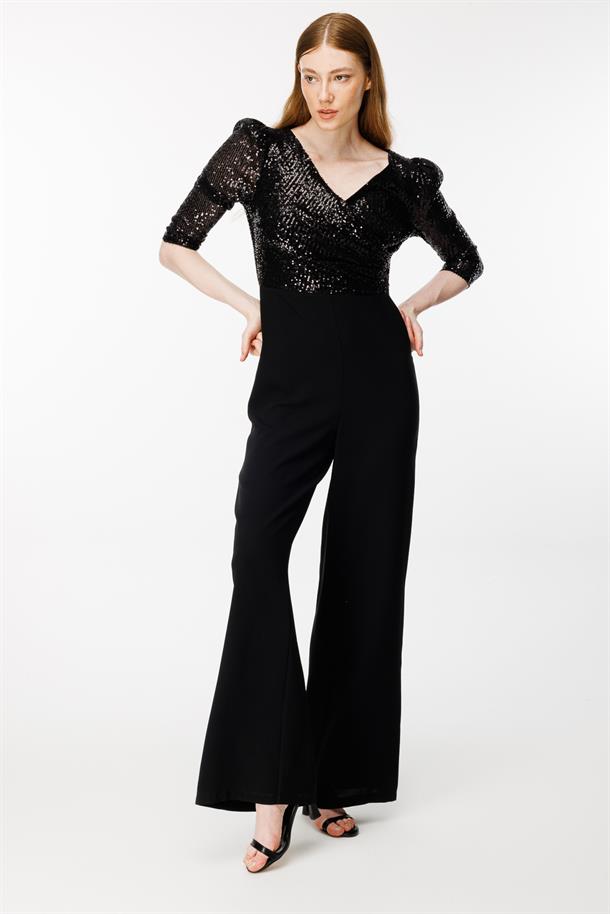 Kruvaze Yaka Üstü Pulpayet Bol Paça Tulum-SİYAH