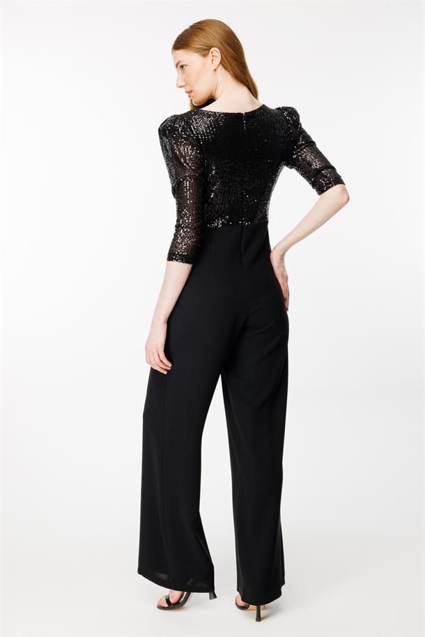 Kruvaze Yaka Üstü Pulpayet Bol Paça Tulum-SİYAH