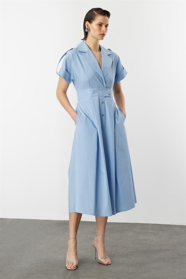 Kruvaze Yaka Uzun Elbise-MAVİ