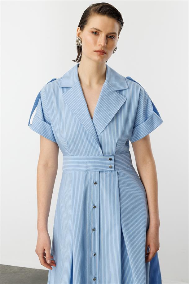 Kruvaze Yaka Uzun Elbise-MAVİ