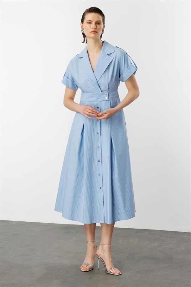 Kruvaze Yaka Uzun Elbise-MAVİ