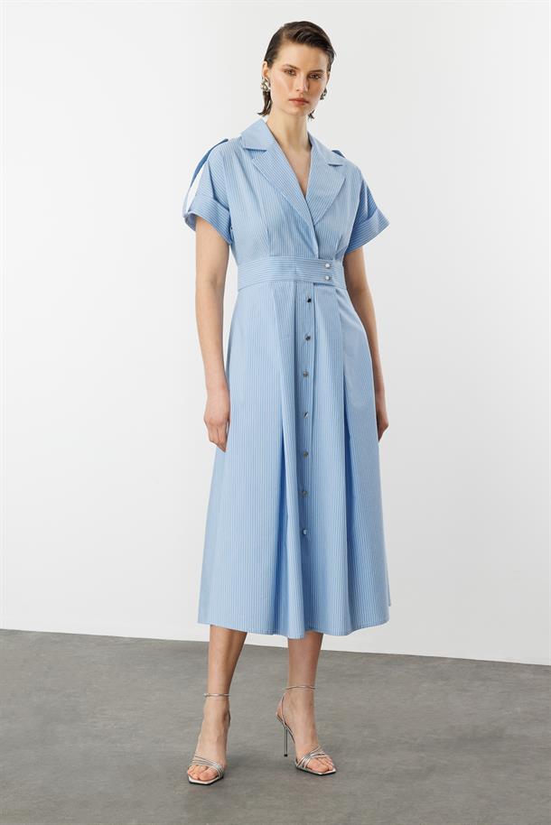 Kruvaze Yaka Uzun Elbise-MAVİ