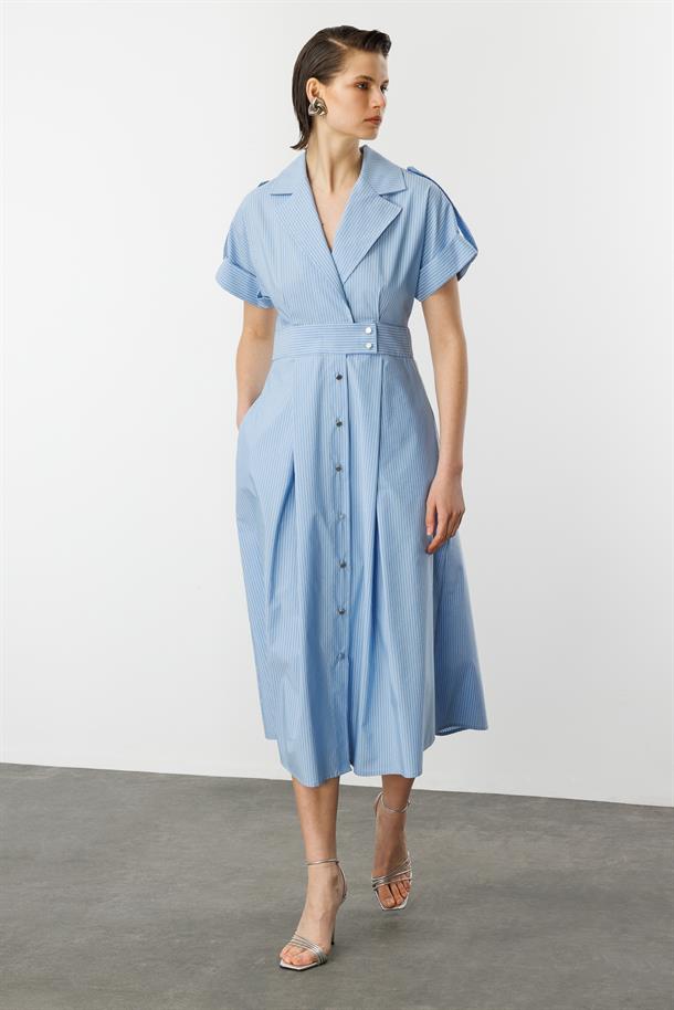 Kruvaze Yaka Uzun Elbise-MAVİ