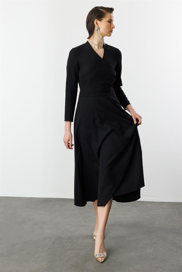 Kruvaze Yaka Uzun Hürrem Elbise-SİYAH