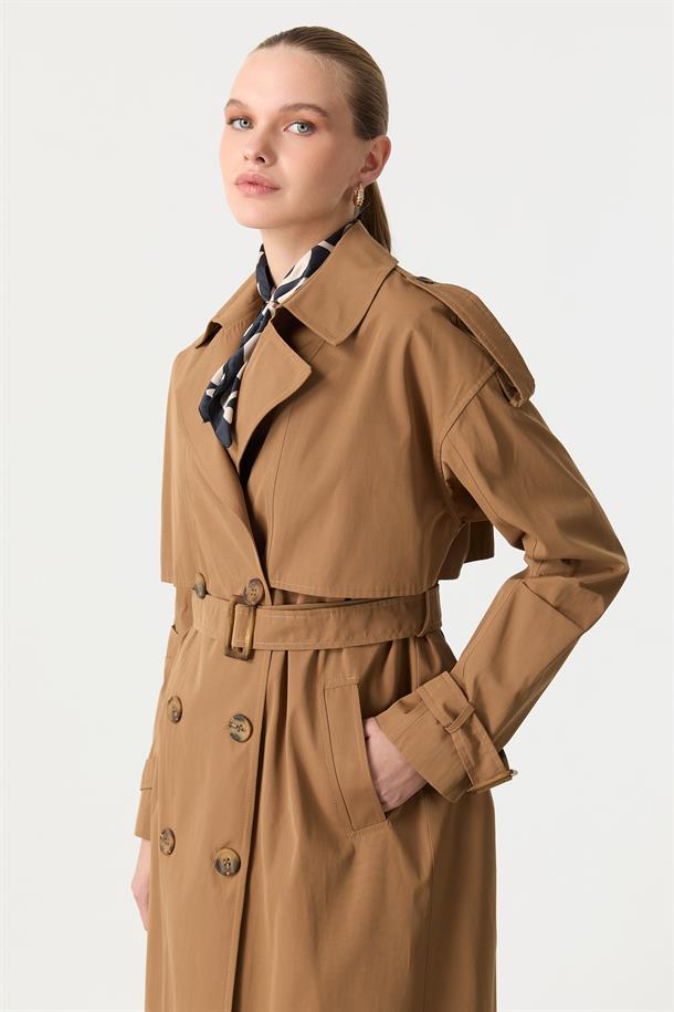 Kruvaze Yaka Uzun Kaşe Kaban-CAMEL