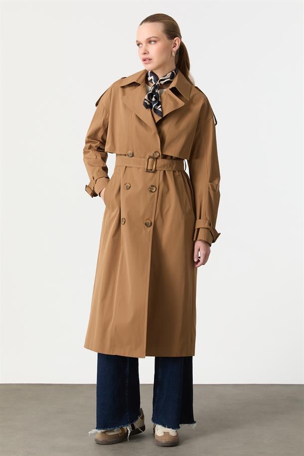 Kruvaze Yaka Uzun Kaşe Kaban-CAMEL