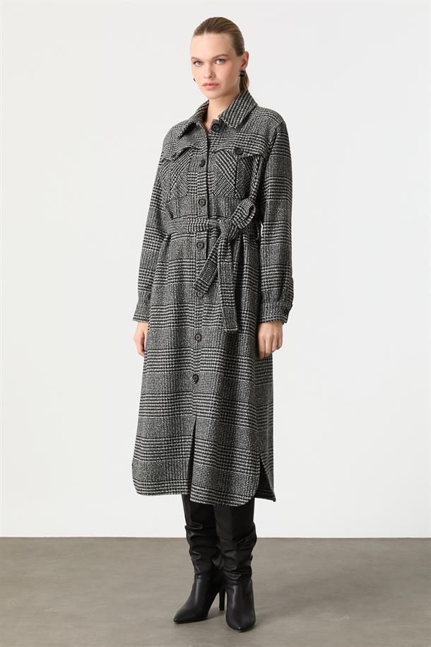 Kruvaze Yaka Uzun Kaşe Kaban-GRİ