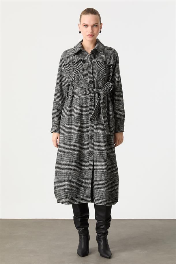 Kruvaze Yaka Uzun Kaşe Kaban-GRİ