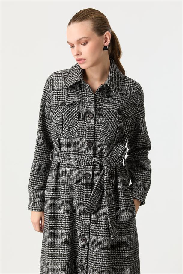 Kruvaze Yaka Uzun Kaşe Kaban-GRİ