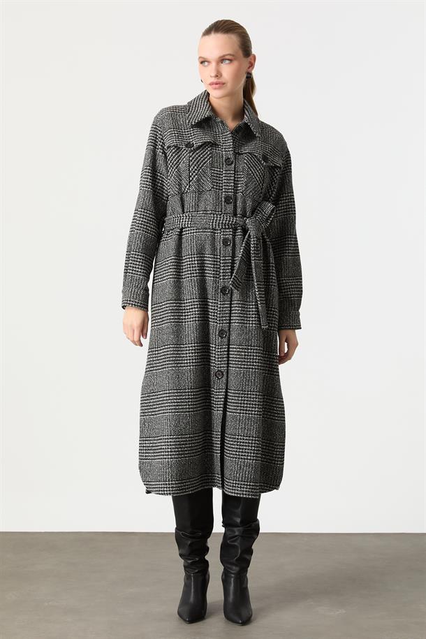 Kruvaze Yaka Uzun Kaşe Kaban-GRİ