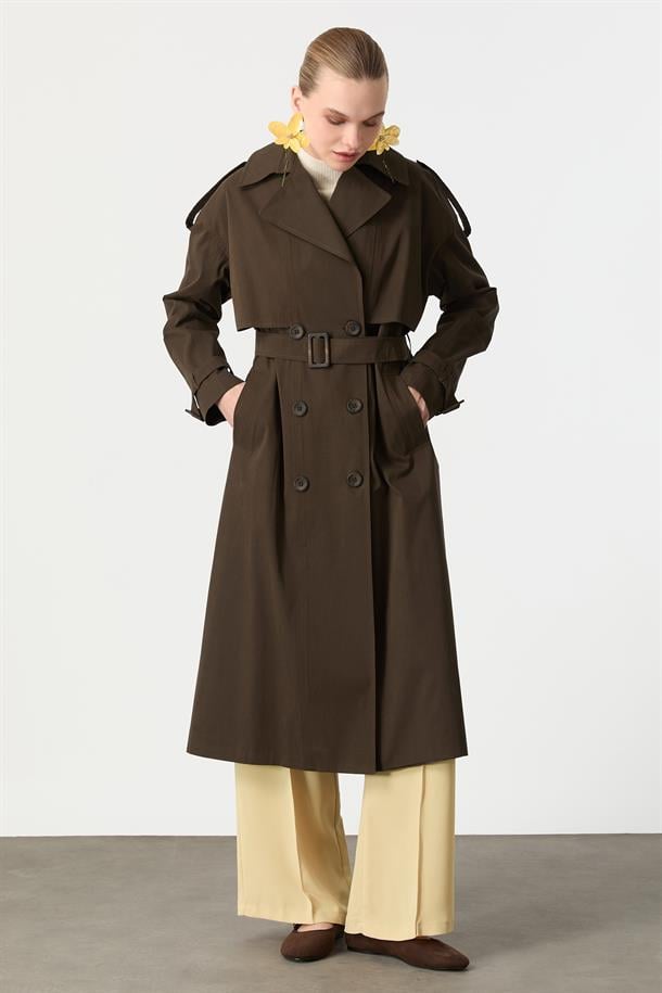 Kruvaze Yaka Uzun Kaşe Kaban-HAKİ