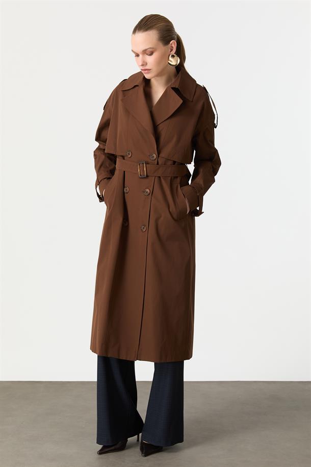 Kruvaze Yaka Uzun Kaşe Kaban-KAHVE