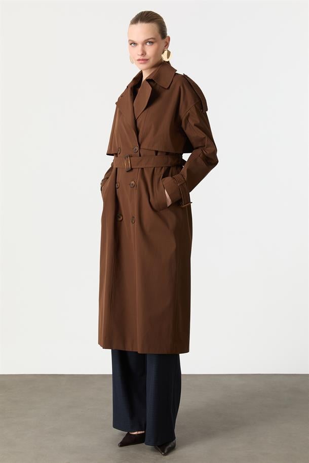 Kruvaze Yaka Uzun Kaşe Kaban-KAHVE