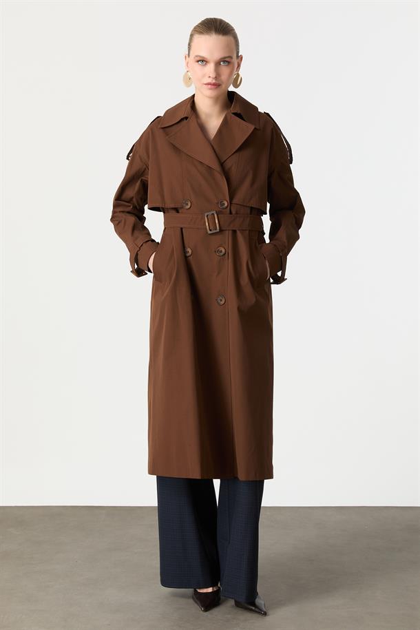 Kruvaze Yaka Uzun Kaşe Kaban-KAHVE