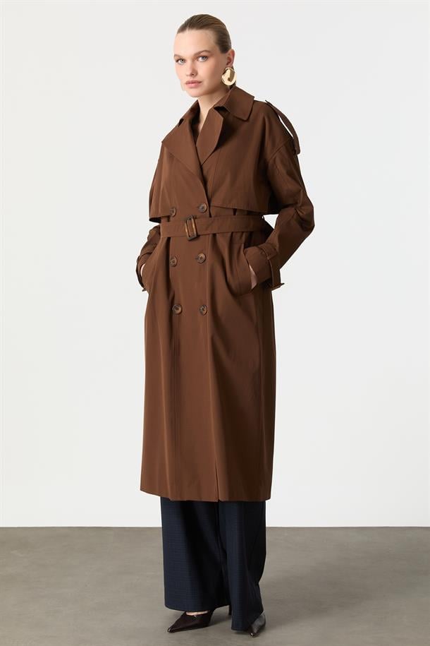 Kruvaze Yaka Uzun Kaşe Kaban-KAHVE