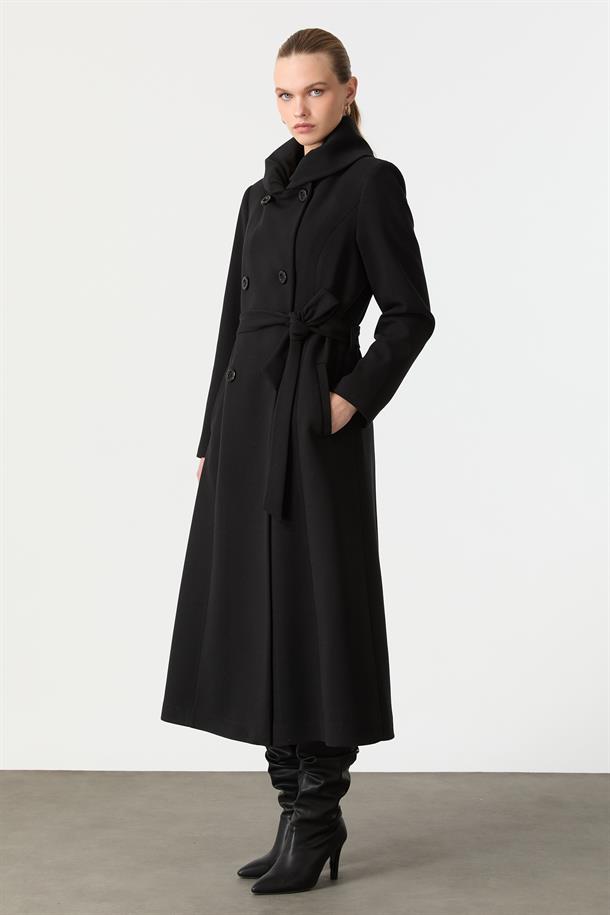 Kruvaze Yaka Uzun Kaşe Kaban-SİYAH