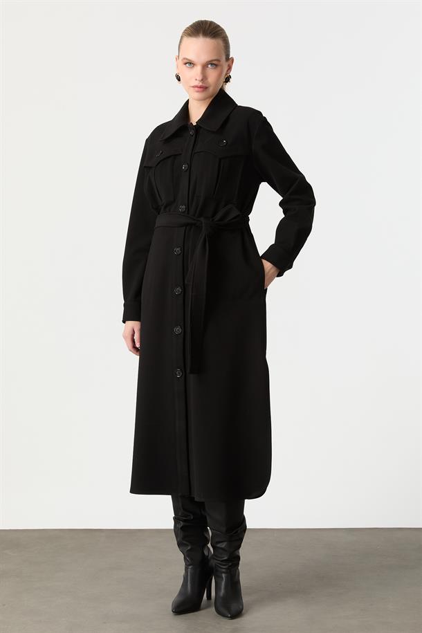 Kruvaze Yaka Uzun Kaşe Kaban-SİYAH