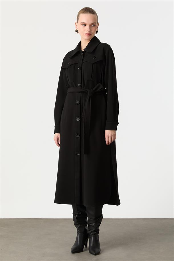 Kruvaze Yaka Uzun Kaşe Kaban-SİYAH