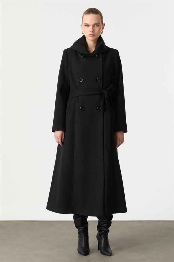 Kruvaze Yaka Uzun Kaşe Kaban-SİYAH