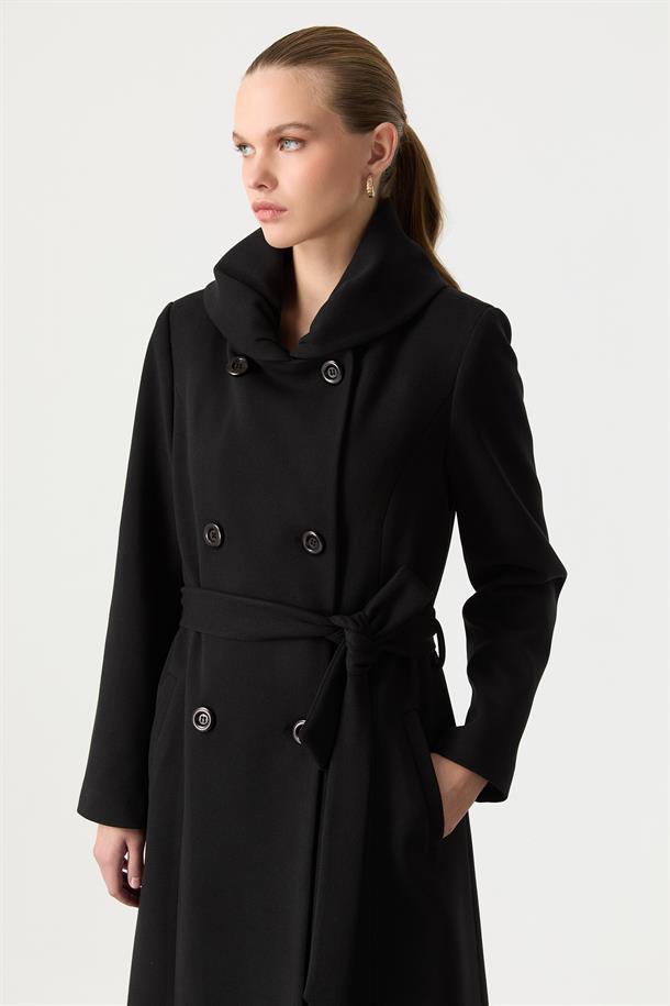 Kruvaze Yaka Uzun Kaşe Kaban-SİYAH