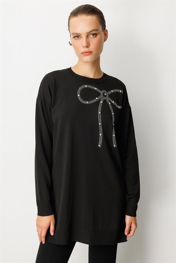 Kurdele Taş Detaylı Triko Tunik-SİYAH