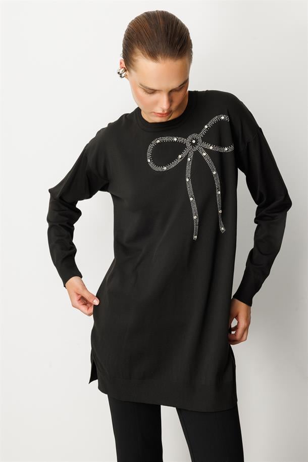 Kurdele Taş Detaylı Triko Tunik-SİYAH