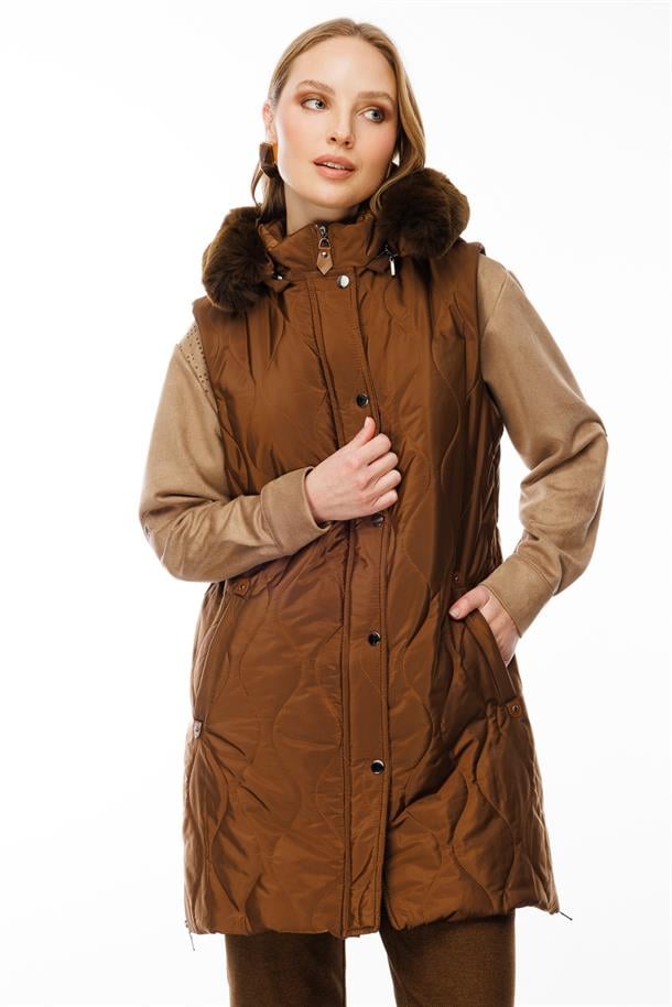 Kürk Kapüşunlu Uzun Yelek-KAHVE