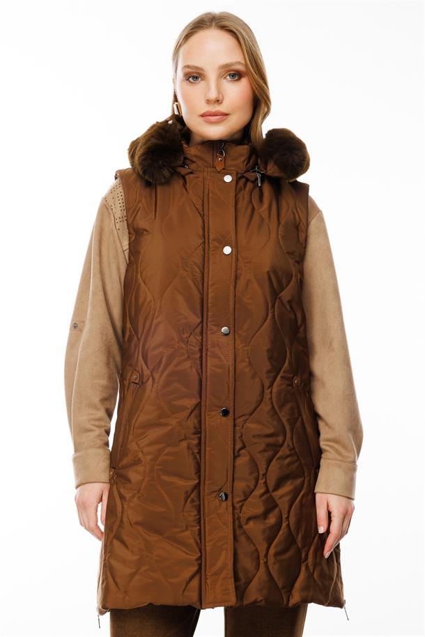 Kürk Kapüşunlu Uzun Yelek-KAHVE