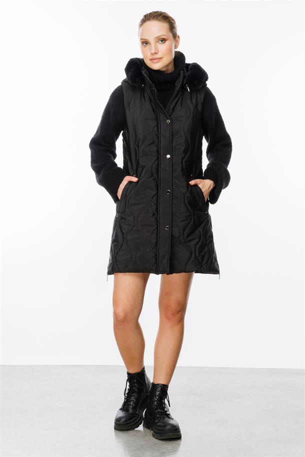 Kürk Kapüşunlu Uzun Yelek-SİYAH