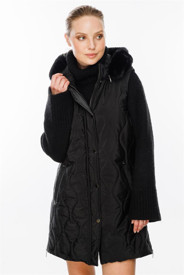 Kürk Kapüşunlu Uzun Yelek-SİYAH