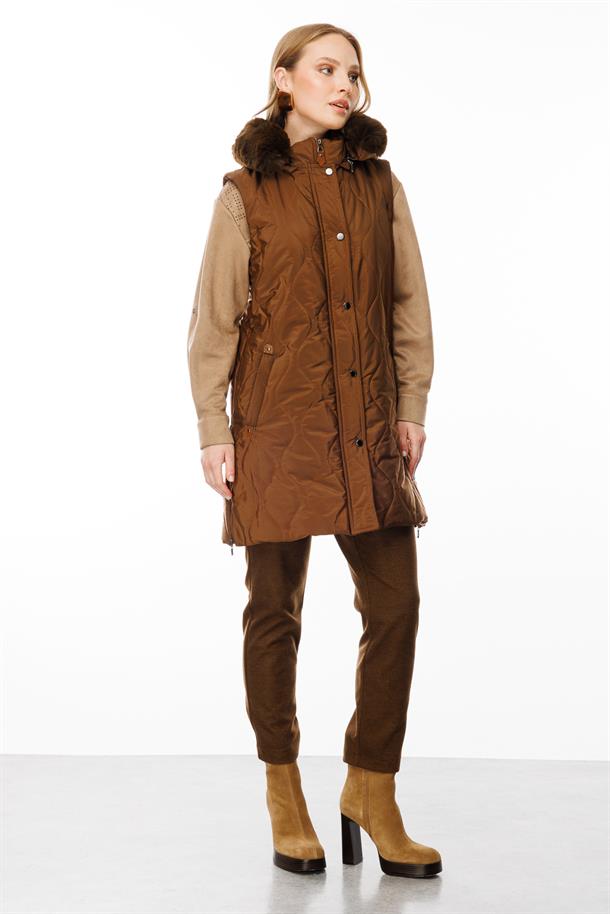 Kürk Kapüşunlu Uzun Yelek-KAHVE