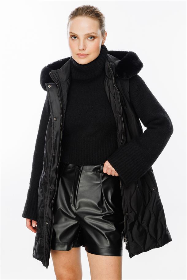 Kürk Kapüşunlu Uzun Yelek-SİYAH