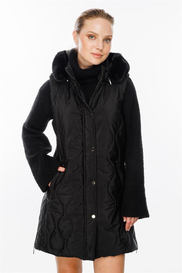 Kürk Kapüşunlu Uzun Yelek-SİYAH