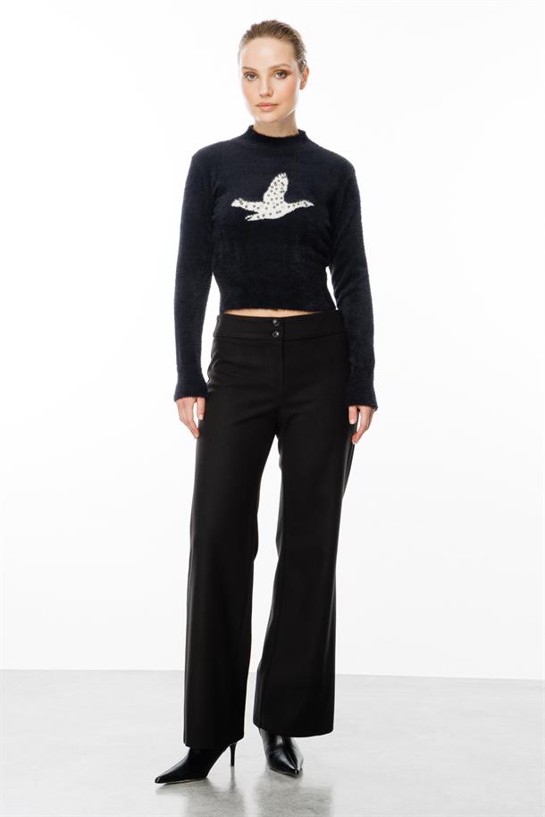 Kuş Detaylı Crop Kazak-SİYAH