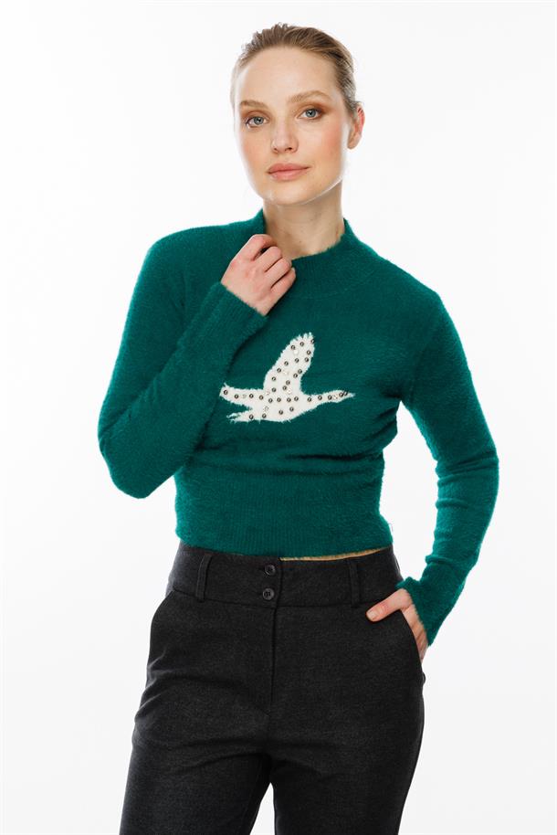 Kuş Detaylı Crop Kazak-ZÜMRÜT