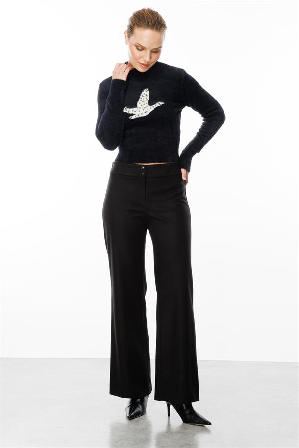 Kuş Detaylı Crop Kazak-SİYAH