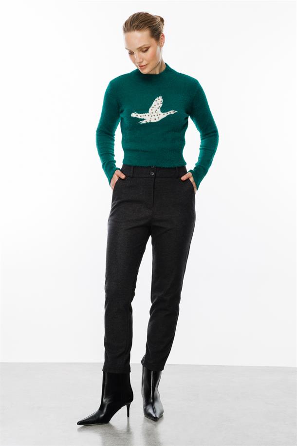 Kuş Detaylı Crop Kazak-ZÜMRÜT