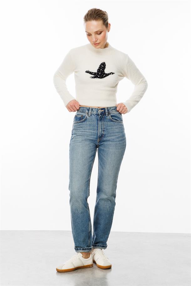 Kuş Detaylı Crop Kazak-EKRU