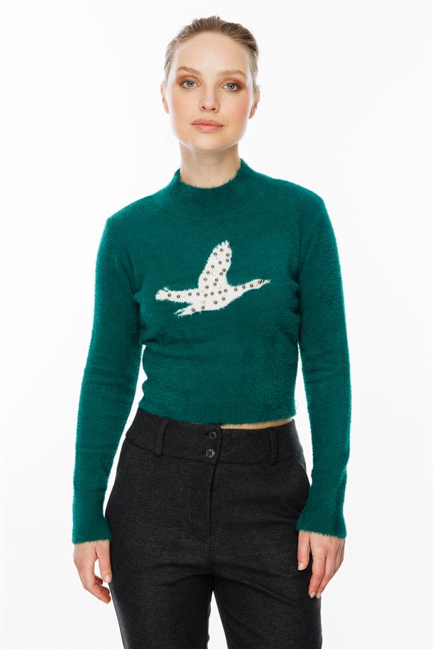 Kuş Detaylı Crop Kazak-ZÜMRÜT