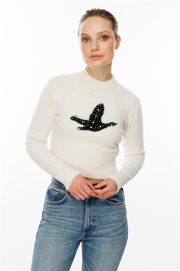 Kuş Detaylı Crop Kazak-EKRU