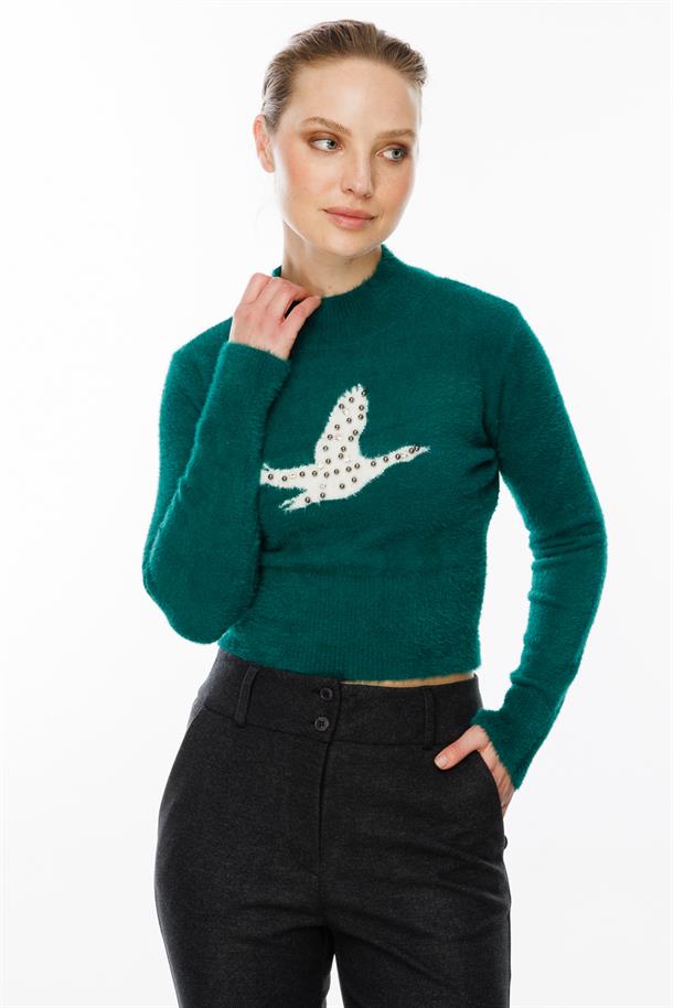 Kuş Detaylı Crop Kazak-ZÜMRÜT