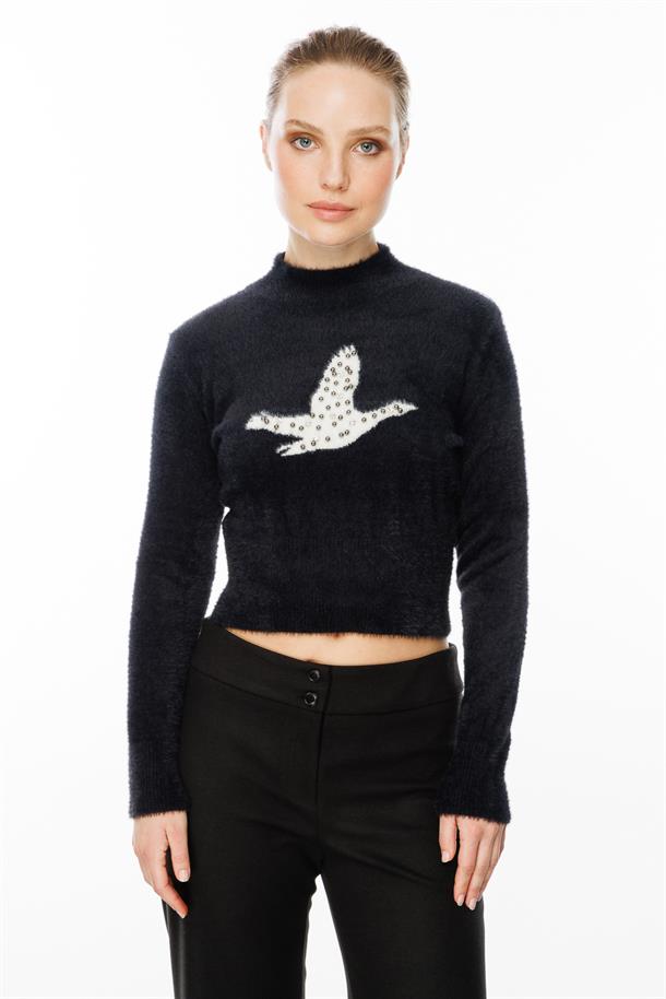 Kuş Detaylı Crop Kazak-SİYAH