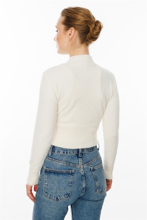 Kuş Detaylı Crop Kazak-EKRU