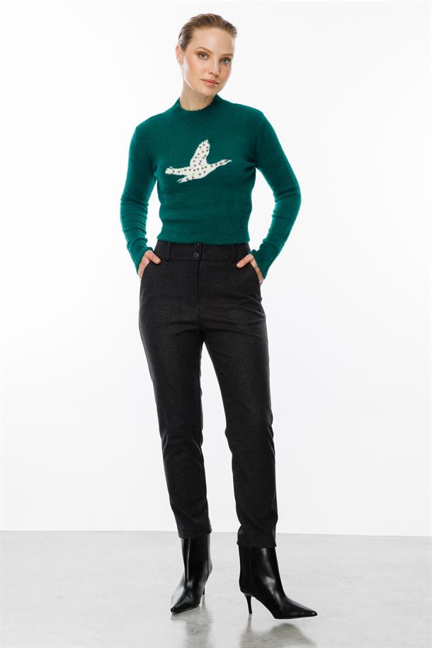 Kuş Detaylı Crop Kazak-ZÜMRÜT