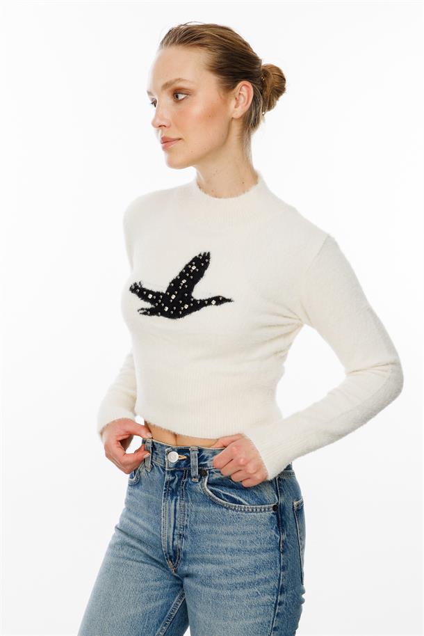 Kuş Detaylı Crop Kazak-EKRU