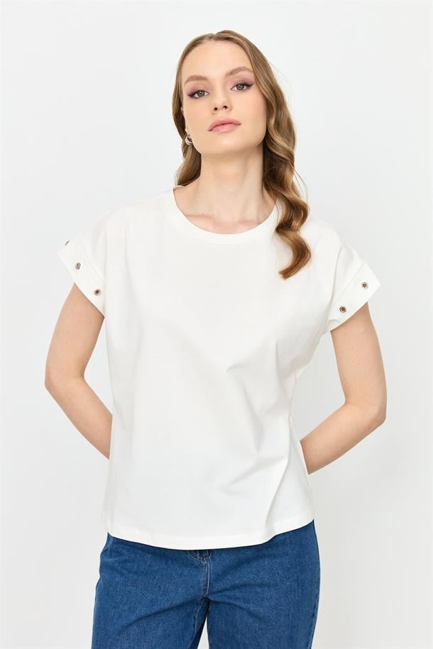 Kuş Gözü Detay Penye Bluz-KEMIK