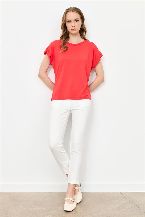 Kuş Gözü Detay Penye Bluz-KIRMIZI