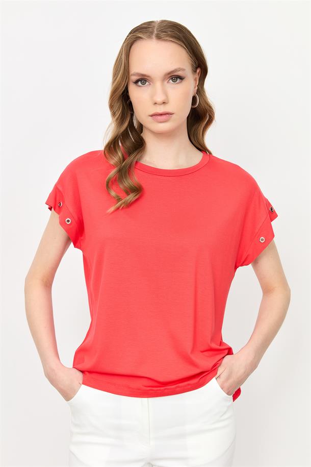 Kuş Gözü Detay Penye Bluz-KIRMIZI