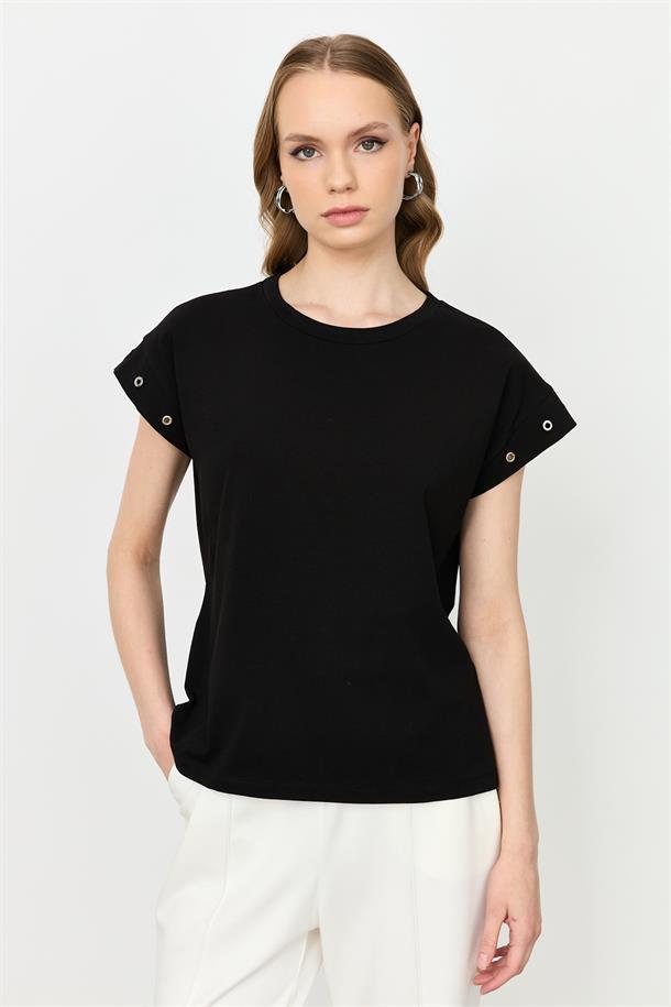 Kuş Gözü Detay Penye Bluz-SİYAH