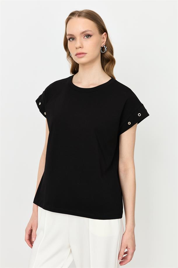 Kuş Gözü Detay Penye Bluz-SİYAH